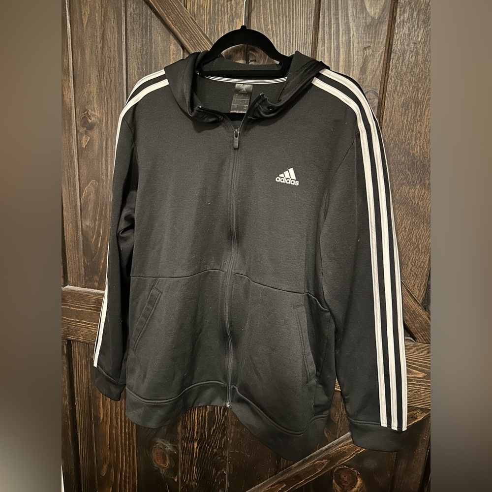 Men’s size large Adidas hooded zip-up jacket, black